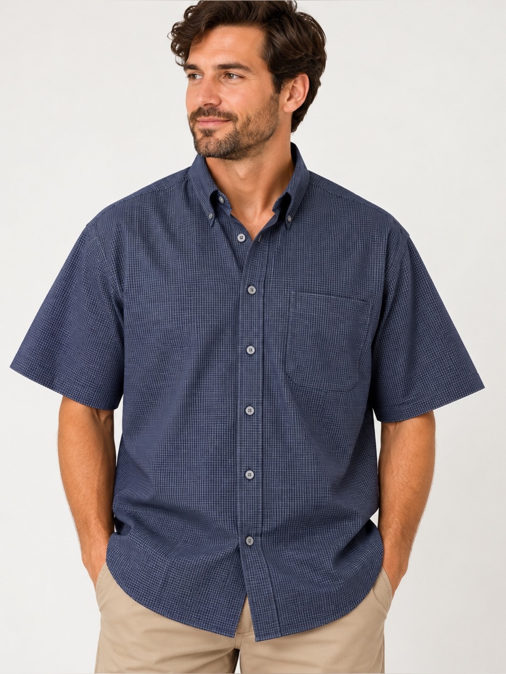 Van Heusen Men’s XL Short Sleeve Button Down Shirt Navy Blue Micro Check